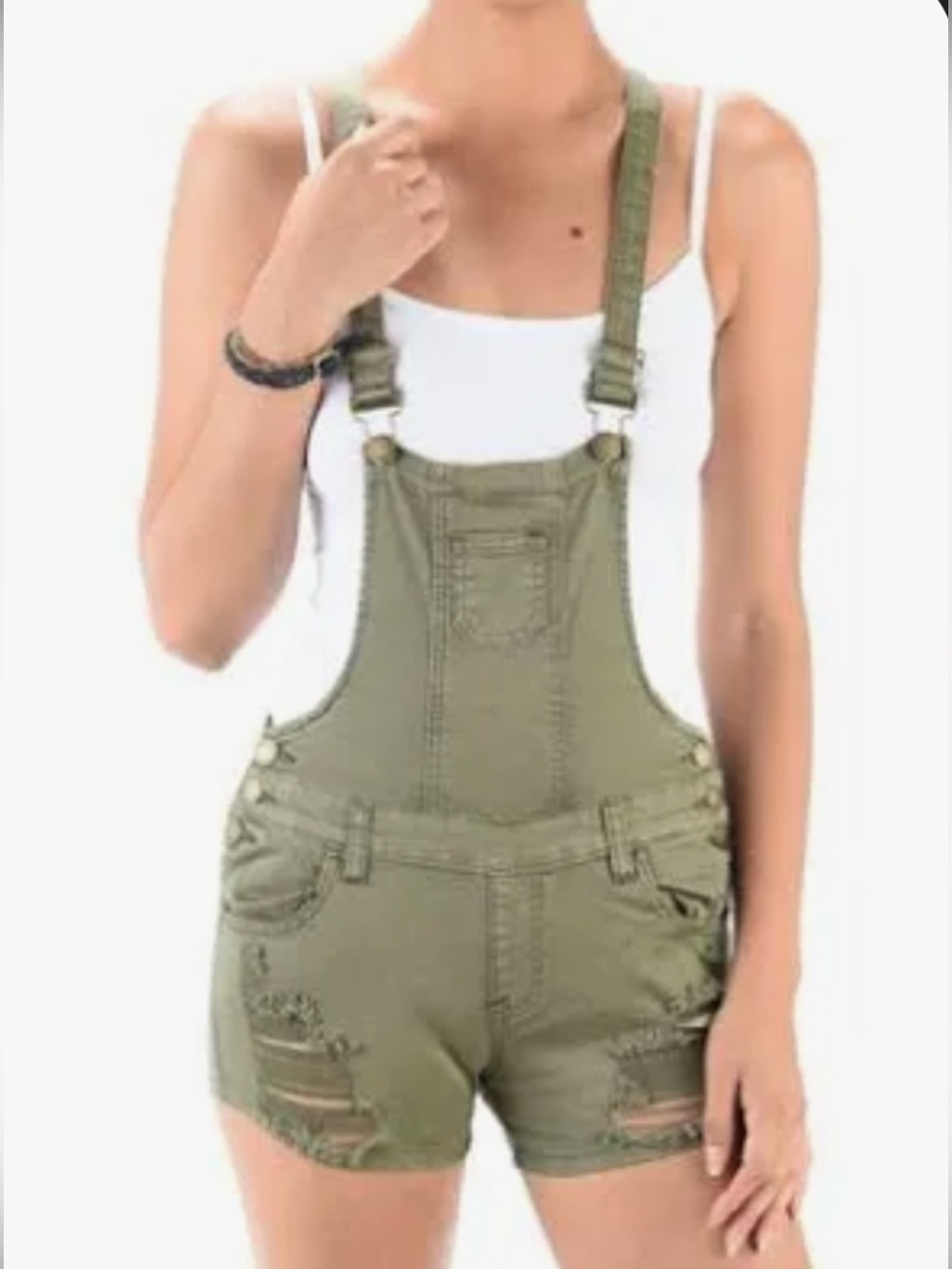 100% Cotton Olive Distressed Denim Short Overalls Forever 21